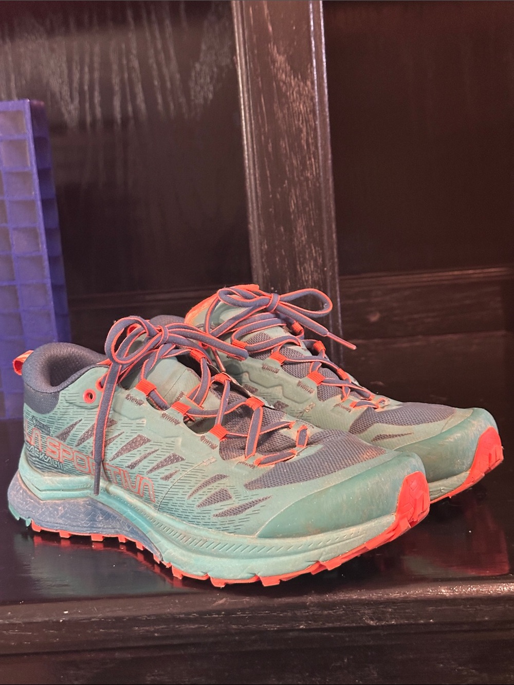 La Sportiva Women's Jackal Trail Runners in Teal with Coral Highlights